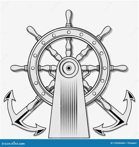 Ship Steering Wheel And Crossed Nautical Anchors Vector Illustration