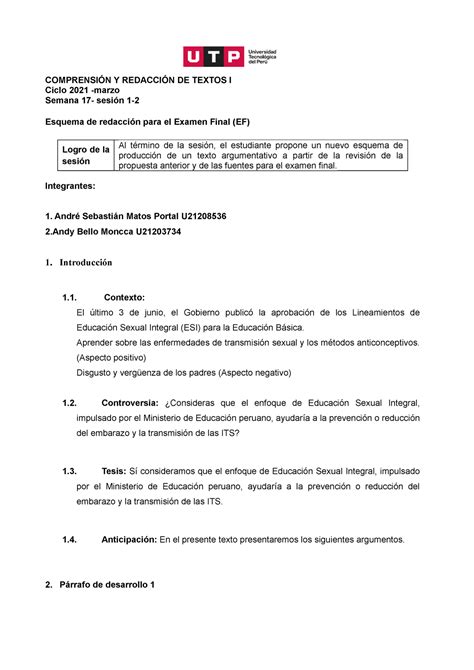 S17 s1 s2 Esquema para EF Grupo 9 1 COMPRENSIÓN Y REDACCIÓN DE TEXTOS