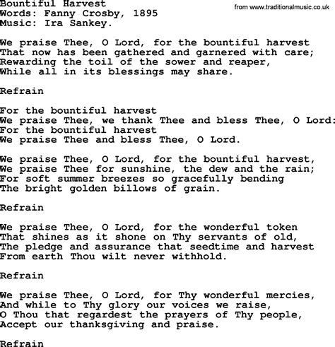 Thanksgiving and Harvest Hymns & Songs: Bountiful Harvest - lyrics, and PDF