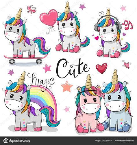 Conjunto de lindos unicornios de dibujos animados vector gráfico