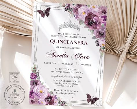 Purple Plum Mauve Floral Silver Quinceañera Invitation Printable Editable Template Butterflies