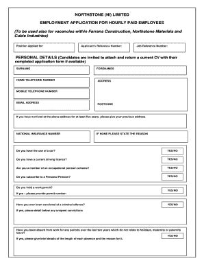 Fillable Online Hourly Paid Application Form Pdf Northstone Materials