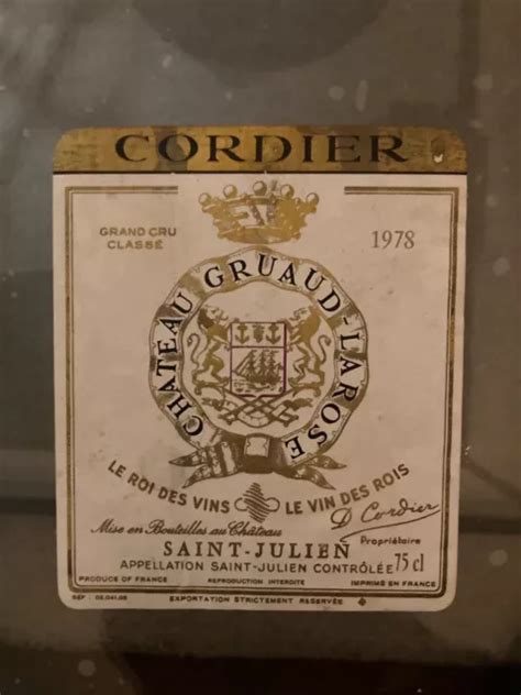 ETIQUETTE DE VIN Château Gruaud Larose 1978 Appellation Saint Julien