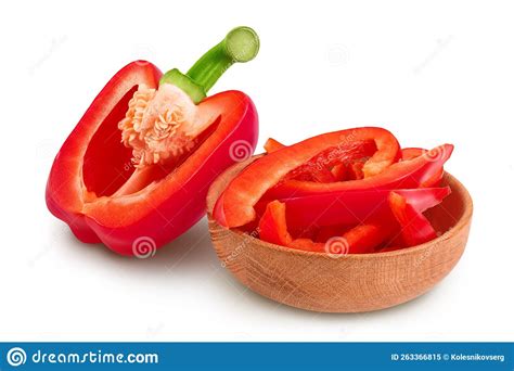 Slices Of Red Sweet Bell Pepper In Wooden Bowl Isolated On White Background With Full Depth Of