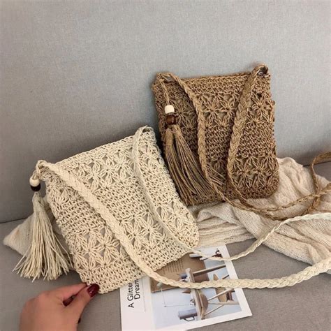 Sac Messager En Paille Tiss E Avec Pompon Pour Femme Sac Main En Macram