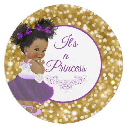 African Baby Girl Purple And Gold Glitter Paper Plate Baby Shower