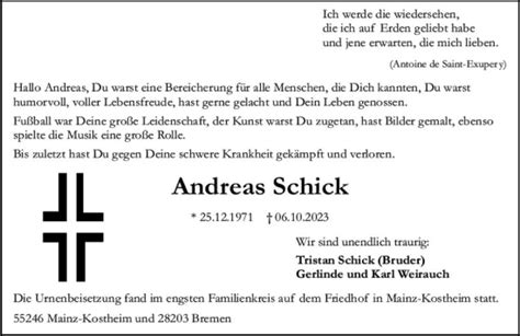 Traueranzeigen Von Andreas Schick Vrm Trauer De