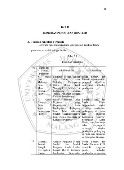 Bab Ii Teori Dan Perumusan Hipotesis A Tinjauan Penelitian Terdahulu