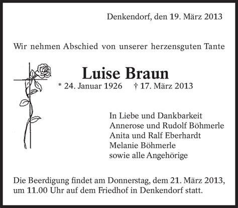 Traueranzeigen Von Luise Braun Zeit Des Gedenkens De