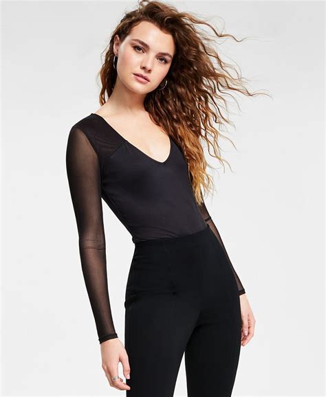 Bar Iii Womens Long Sleeve V Neck Mesh Bodysuit Created For Macys