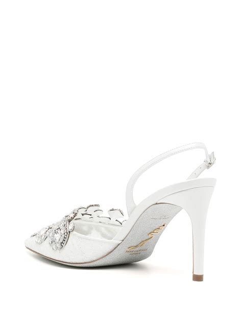 Ren Caovilla Lace Embellished Crystal Sling Back Pumps White