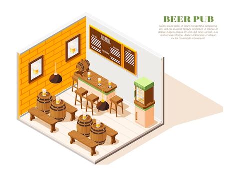 Premium Vector Beer Pub Interior Isometric Composition With Menu