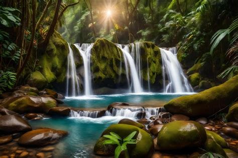 Una Cascada En La Jungla Con Un Sol Brillando A Trav S De Los Rboles