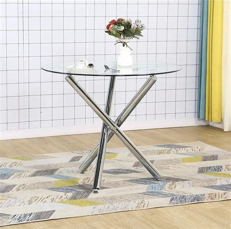 Global Pronex Round Glass Dining Kitchen Table With Chrome Legs Modern Leisure Coffee Table With