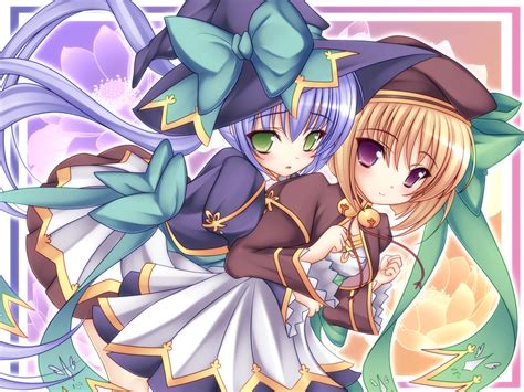 2girls Blonde Hair Blue Hair Blush Flowers Green Eyes Hat Houtou Koihime Musou Long Hair Mikan