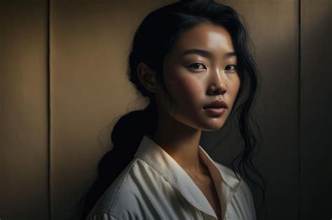 Premium Photo A Woman With Black Hair And A White Shirt Stands In