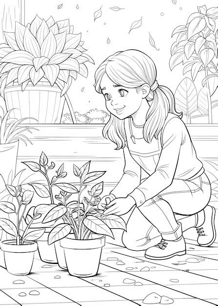 Página de colorear Niña cuidando plantas en un entorno pacífico