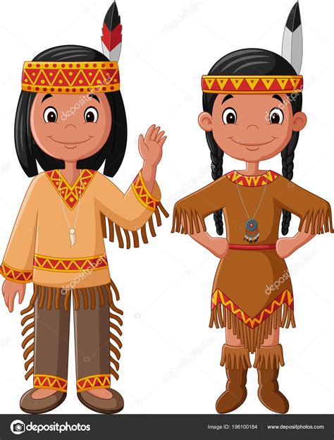 Casal Desenhos Animados Nativo Indiano Americano Traje Tradicional