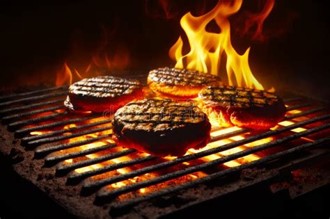 Hamburgers And Hamburger Patties Cooking On Bbq Grill With Flames