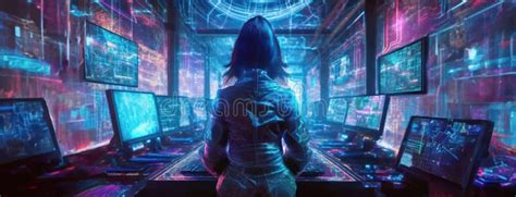 A Skilled Cyberpunk Hacker In A Futuristic Setting Surrounded By Holographic Interfaces