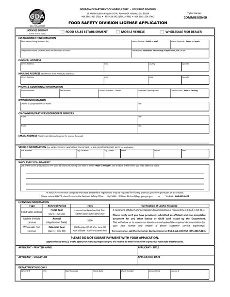 Georgia United States Food Safety Division License Application Download Printable Pdf