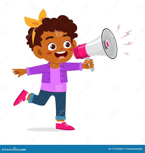 Happy Cute Little Kid Girl Holding Megaphone Stock Vector