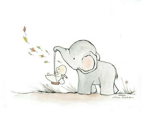 Cute Elephant Drawing With Falling Leaves