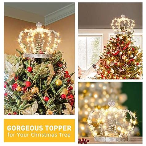 PEIDUO Christmas Jeweled Crown Tree Topper Light Up Tree Topper With