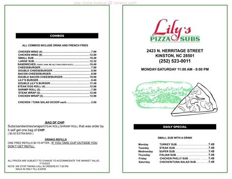 Online Menu Of Lilys Pizza And Subs Restaurant Kinston North