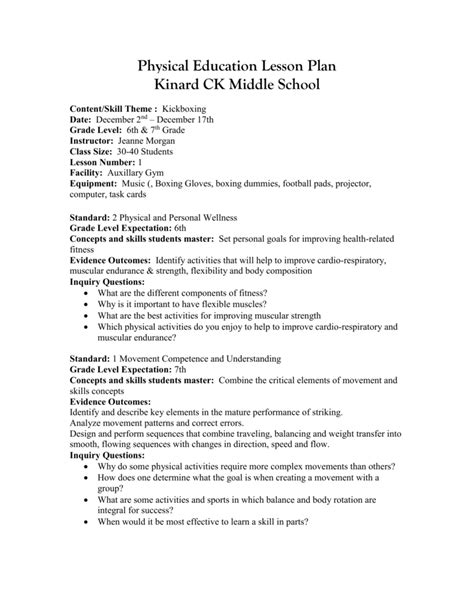 Middle School Physical Education Lesson Plans Lesson Plans Learning