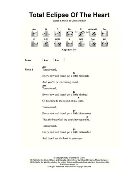 Total Eclipse Of The Heart Sheet Music By Bonnie Tyler Lyrics Chords