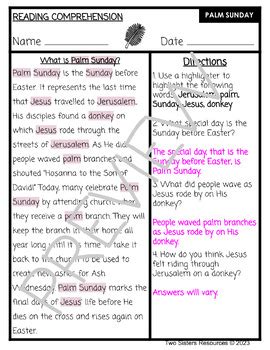 Palm Sunday Reading Comprehension And Fluency Passage By Two Sisters