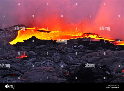 River Of Molten Lava Flowing To The Sea Kilauea Volcano Hawaii