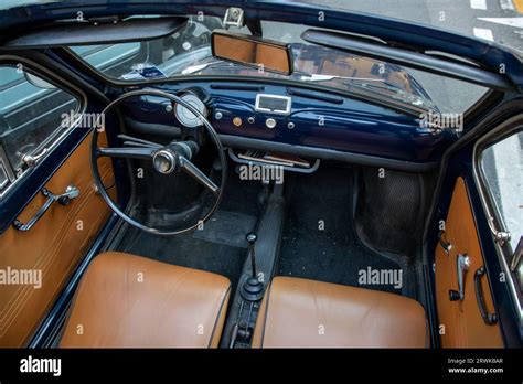 Bordeaux France 09 18 2023 Fiat 500 Blue Vintage Brown Interior