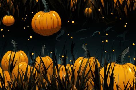 Premium AI Image | pumpkins in the grass at night with fireflies