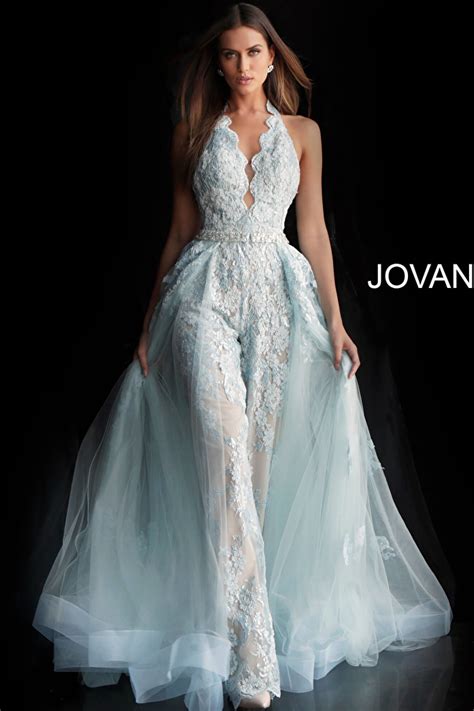 Jovani 60124 Light Blue Lace Prom Jumpsuit With Sheer Over Skirt