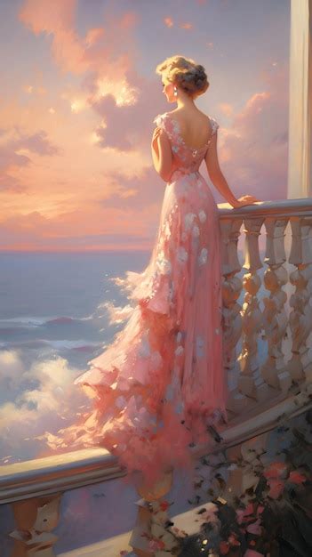 Premium Ai Image Epic Balcony Sunrise Impressionist Painting Of A Women