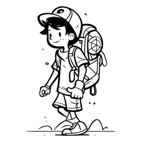 Menino de caminhada mochila ilustração vetorial em estilo doodle