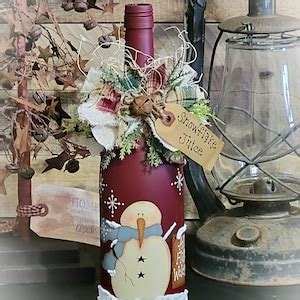 Primitive Snowman Wine Bottle Snowman Decor Christmas Decor Winter