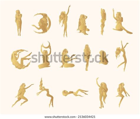 Celestial Naked Female Golden Silhouettes Different Stock Vector