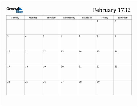 February 1732 Monthly Calendar