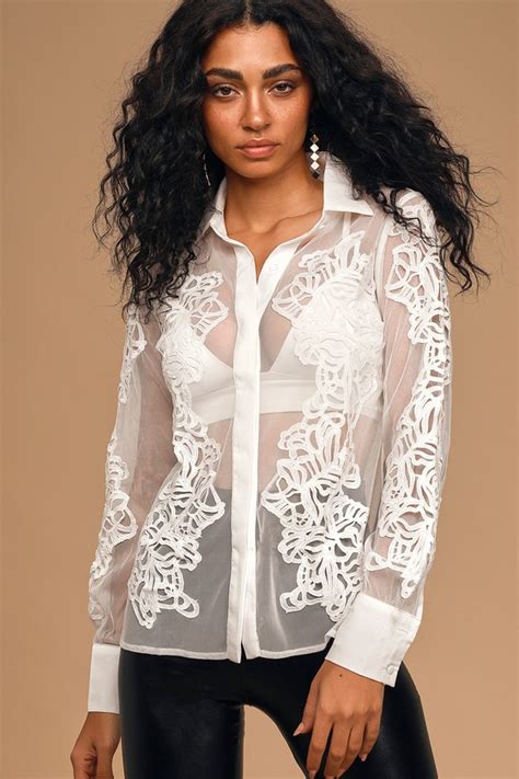 Lovely Sheer White Top Applique Top Button Up Top Blouse Lulus