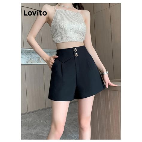 Lovito Short casual botão liso para mulheres LNE56627 Shopee Brasil