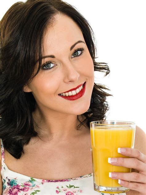 Healthy Attractive Young Woman Holding Glass Fresh Orange J Stock