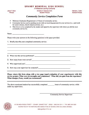 Fillable Online Granby K Ct Community Service Completion Form