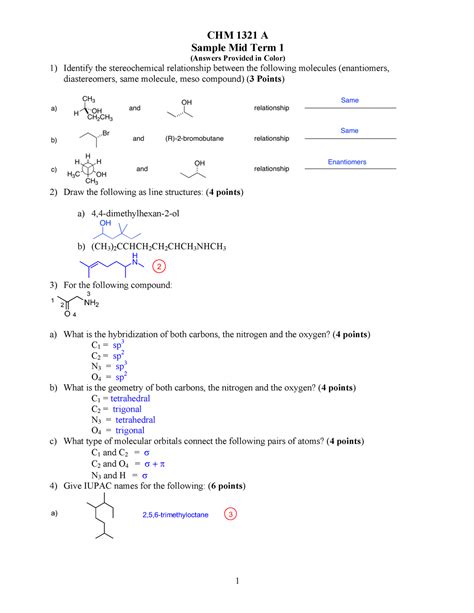 Sample Mid Term 1 With Answers 1 CHM 1321 A Sample Mid Term 1