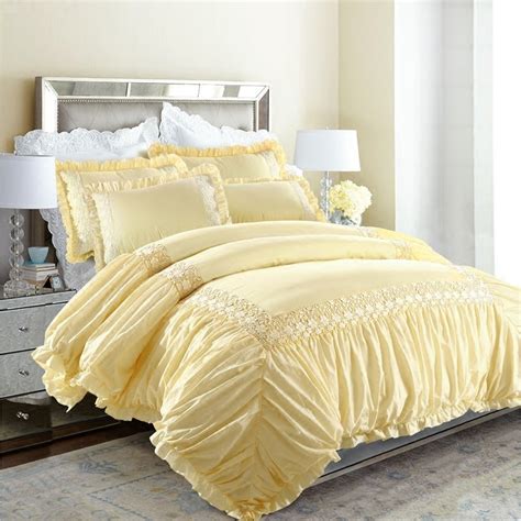 Elegant White And Yellow Vintage Victorian Lace Ruffle Luxury Feminine Full Queen Size Bedding