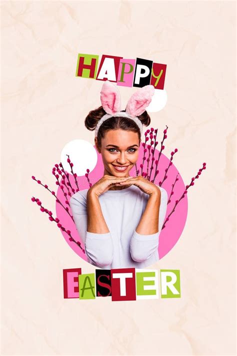 Vertical Photo Collage Of Happy Girl Wear Bunny Ears Pink Willow Branch