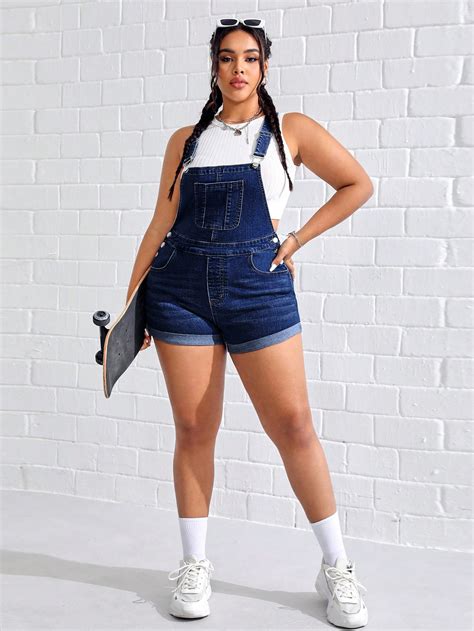 Plus Roll Up Hem Denim Overall Romper Without Tank Top Shein Usa