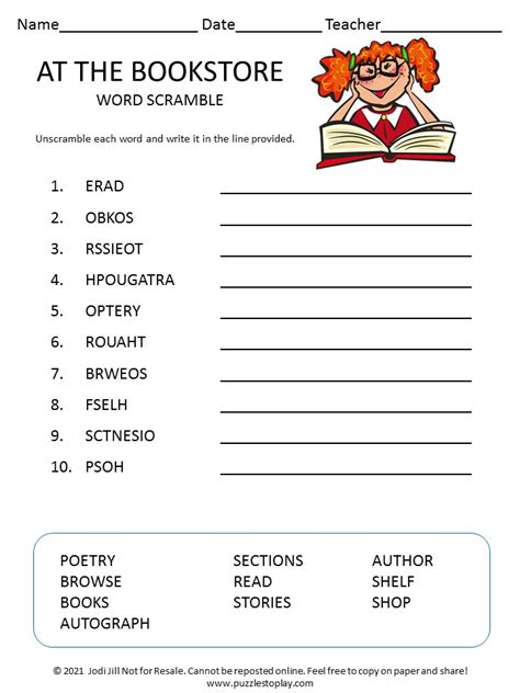 Bookstore Word Scramble For Kids Puzzles To Play